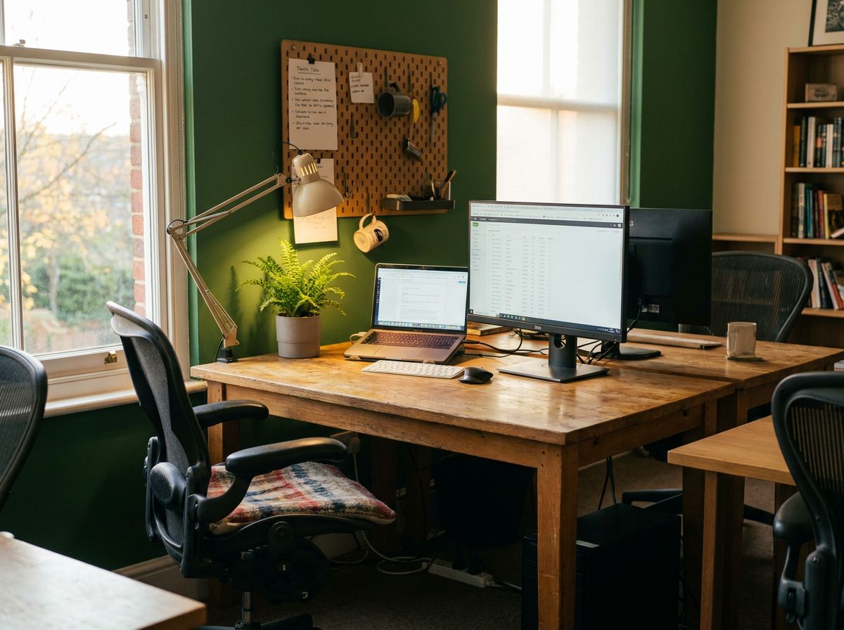 A resident's oak desk against the green wall, with a monitor, a pegboard of personal bits and a plant soaking up the window light
