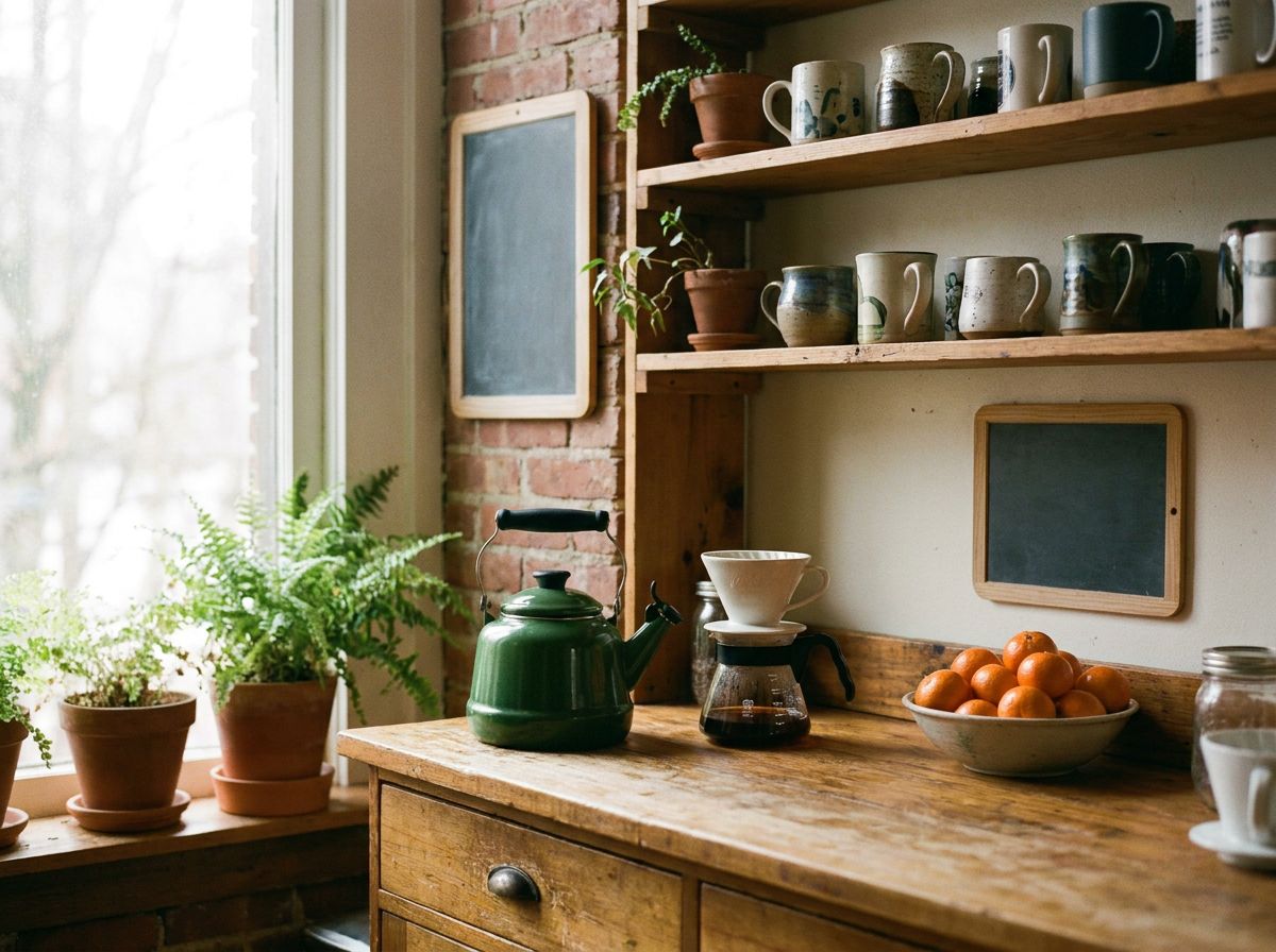 The kitchen counter: a green enamel kettle, a pour-over set and a bowl of clementines below shelves of mismatched mugs