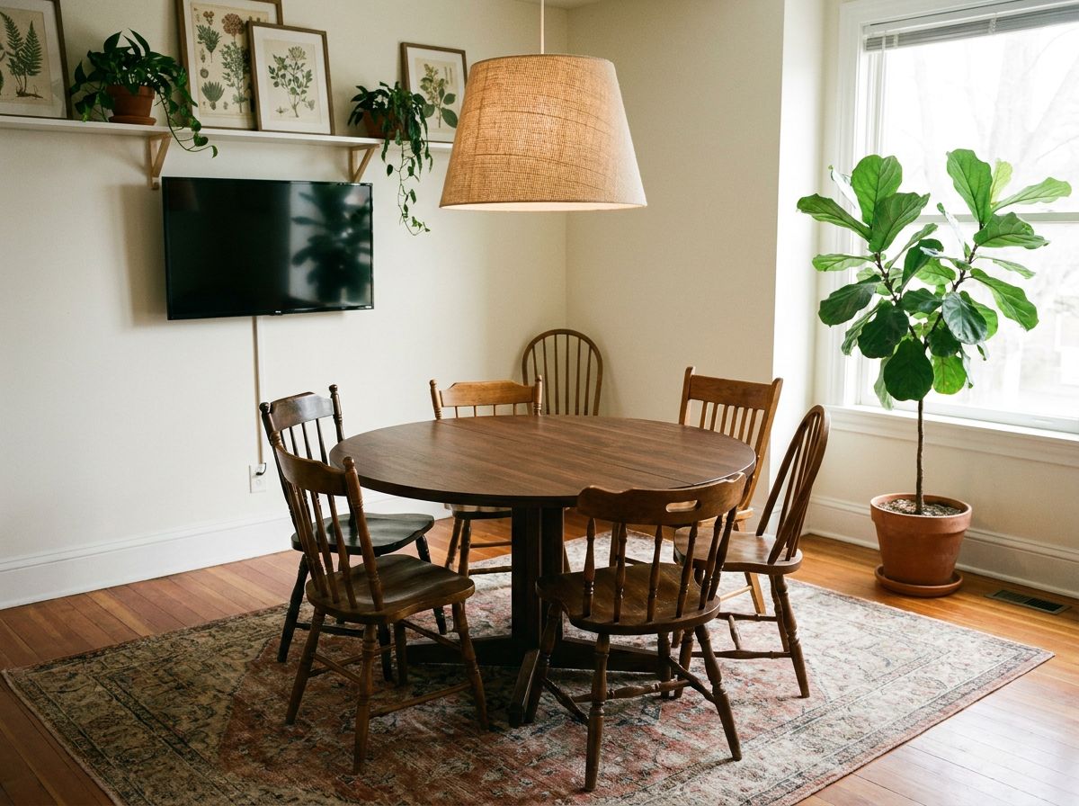 A round walnut table for six under a linen pendant lamp, with a screen on the wall and a fiddle-leaf fig in the corner